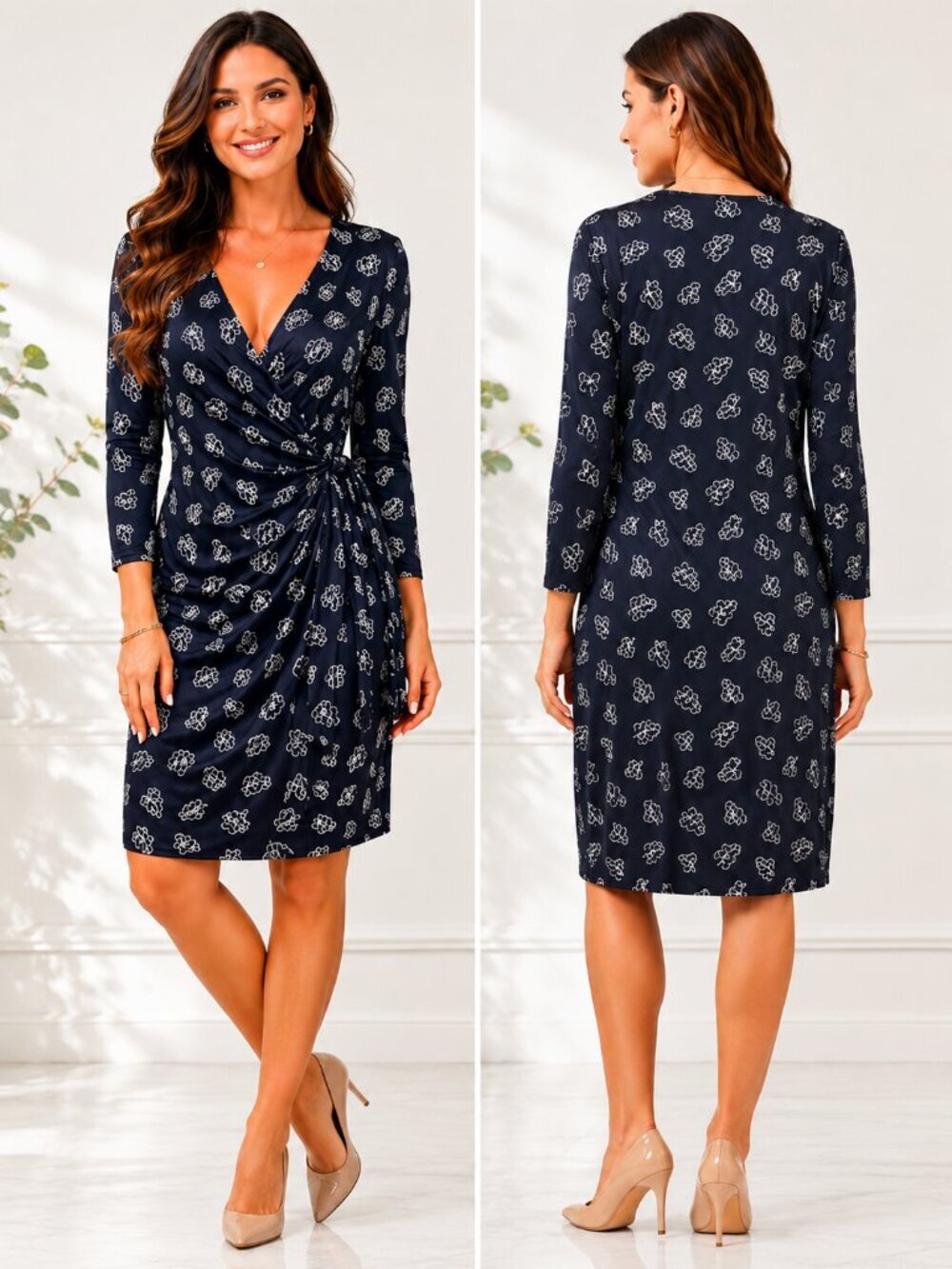 Faux Wrap Midi Dress Black Cream Print V-Neck Anne Klein Size 16